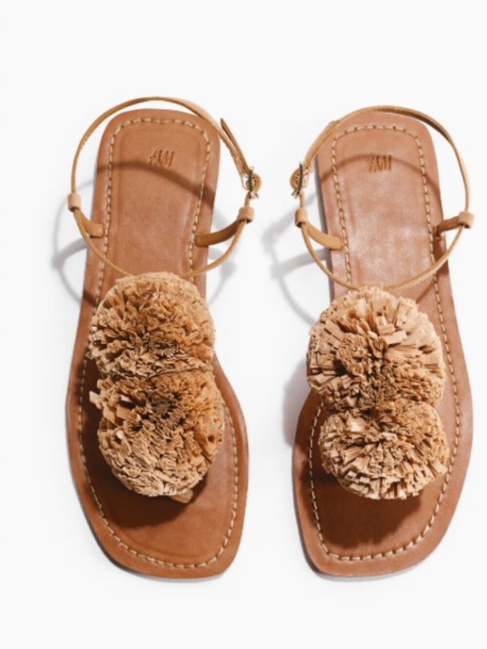 NWT H&M Tan Raffia Pom-Pom Boho Statement T-strap Sandals (Size EU 41/US 10)